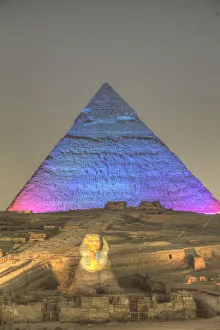 Ancient Egyptian Architecture Gallery: Light Show, Sphinx, Khafre Pyramid in the background, Great Pyramids of Giza