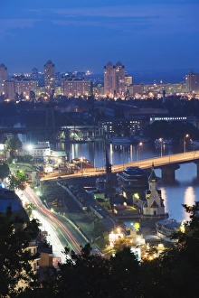 Lights illuminating Podil district and Dnieper River area at night, Kiev, Ukraine, Europe Lights illuminating Podil district and Dnieper River area at night, Kiev, Ukraine, Europe
