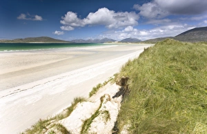 Looking across the machair to the white sand beach of Seilebost at low tide
