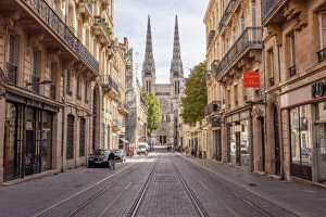 Streetscene Collection: Looking down rue Vital Carles to Saint Andre cathedral in Bordeaux, Aquitaine, France
