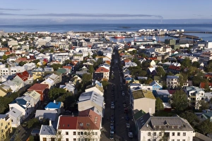 Aerial Views Gallery: Low aerial view from Hallgrimskirkja of colourful houses
