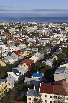 Low aerial view from Hallgrimskirkja of colourful houses Low aerial view from Hallgrimskirkja of colourful houses
