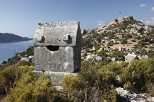 Lycian sarcophagus and castle, Simena (Kalekoy), Kekova, Lycia, Antalya Lycian sarcophagus and castle, Simena (Kalekoy), Kekova, Lycia, Antalya