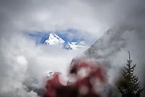Majestic Eiger peak covered with snow in dense fog, Murren, Jungfrau Region Majestic Eiger peak covered with snow in dense fog, Murren, Jungfrau Region