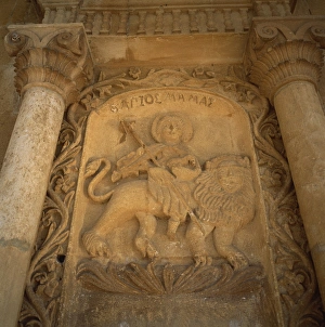 Carvings Gallery: Mamas (Morphou) tamed and rode lion with lamb, Church of the tomb of St
