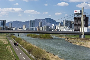 Massive bridge spanning the Ishikari River flowing through Sapporo, Hokkaido, Japan, Asia Massive bridge spanning the Ishikari River flowing through Sapporo, Hokkaido, Japan, Asia