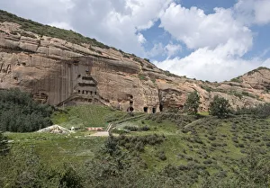 Mati temple grottos carved in the mountain and made up of narrow galleries, Gansu, China Mati temple grottos carved in the mountain and made up of narrow galleries, Gansu, China
