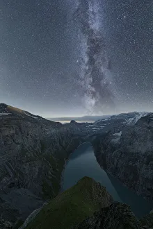 Milky Way in the starry night sky over lake Limmernsee, aerial view, Canton of Glarus Milky Way in the starry night sky over lake Limmernsee, aerial view, Canton of Glarus