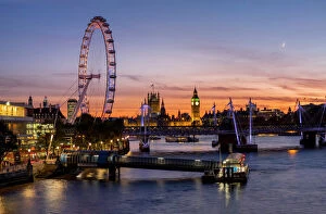 Big Ben Gallery: Millenium Wheel (London Eye) with Big Ben on the skyline beyond at sunset, London