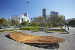 Modern art sculpture with city skyline, Centro, Rio de Janeiro, Brazil, South America