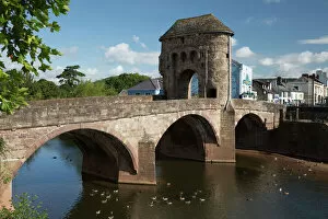 Water Surface Gallery: Monnow Bridge and Gate over the River Monnow, Monmouth, Monmouthshire, Wales, United Kingdom