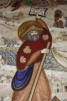 Prints of Mosaic of pilgrim on road to Santiago da Compostela, Lyon, Rhone, France, Europe Related Image Prints: Print of a Pilgrim on the Road to Santiago da Compostela