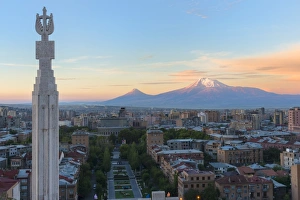 Mount Ararat and Yerevan viewed from Cascade at sunrise, Yerevan, Armenia, Central Asia Mount Ararat and Yerevan viewed from Cascade at sunrise, Yerevan, Armenia, Central Asia