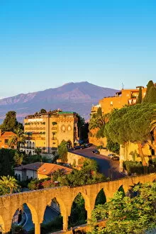 Images Dated 8th September 2013: Top of Mount Etna volcano at sunrise rising above Taormina, Sicily, Italy, Mediterranean, Europe