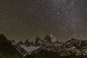 Mount Fitz Roy and Cerro Torre at night with star trails, El Chalten, Patagonia, Argentina Mount Fitz Roy and Cerro Torre at night with star trails, El Chalten, Patagonia, Argentina