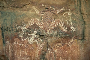 Rock Painting Gallery: Namondjok in centre, who ate his clan sister, Namarrgon on right the Lightning Man