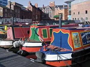 Moored Gallery: Narrow boats and barges moored at Gas Street Canal Basin, city centre, Birmingham