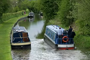 Wait Gallery: Narrow boats cruising the Llangollen Canal, England, United Kingdom, Europe