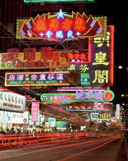 Inscription Gallery: Neon lights at night on Nathan Road, Tsim Sha Tsui, Kowloon, Hong Kong, China, Asia