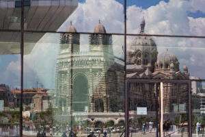 The new MuCEM gallery in Marseille with the cathedral reflected in the glass, Marseille The new MuCEM gallery in Marseille with the cathedral reflected in the glass, Marseille
