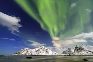Swirling Gallery: Northern Lights (aurora borealis) on Skagsanden sky, Lofoten Islands, Arctic, Norway
