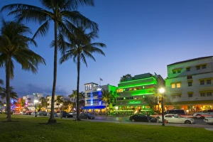 Ocean Drive restaurants and Art Deco architecture at dusk, South Beach, Miami Beach Ocean Drive restaurants and Art Deco architecture at dusk, South Beach, Miami Beach