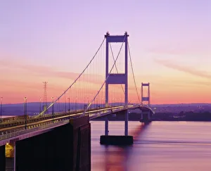 Prints of Old/First Severn Bridge at dusk, Avon, England Avon Prints: Old Severn Bridge Print at Dusk