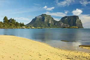 Old Settlement Bay and Mount Lidgbird on left and Mount Gower by the lagoon with the world's most southerly coral reef, volcanic island in the Tasman Sea, Lord Howe Island, UNESCO World Heritage Site, New South Wales Old Settlement Bay and Mount Lidgbird on left and Mount Gower by the lagoon with the world's most southerly coral reef, volcanic island in the Tasman Sea, Lord Howe Island, UNESCO World Heritage Site, New South Wales