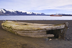Old wooden whaling boat on beach at Whalers Bay, Deception Island Old wooden whaling boat on beach at Whalers Bay, Deception Island