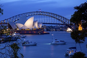 Opera House and Harbour Bridge from Mrs Macquaries Chair at Dusk, Sydney, New South Wales Opera House and Harbour Bridge from Mrs Macquaries Chair at Dusk, Sydney, New South Wales