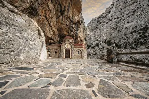 Orthodox chapel Agios Nikolaos nestled in rocks in Kotsifou canyon, Crete island Orthodox chapel Agios Nikolaos nestled in rocks in Kotsifou canyon, Crete island