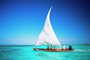 Related Images Collection: Outrigger canoe with sail on Indian Ocean, off Jambiani, Zanzibar, Tanzania
