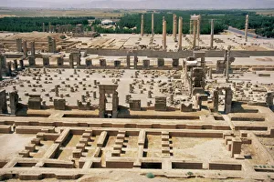 Palace of a Hundred Columns in foreground with the Apadana behind Palace of a Hundred Columns in foreground with the Apadana behind