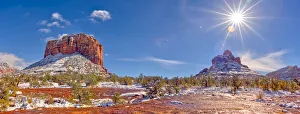 Panorama of Courthouse Butte and Bell Rock with a coating of winter snow on their slopes Panorama of Courthouse Butte and Bell Rock with a coating of winter snow on their slopes