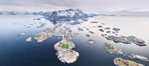 Panoramic aerial view of soccer pitch and islets, Henningsvaer, Vagan municipality Panoramic aerial view of soccer pitch and islets, Henningsvaer, Vagan municipality