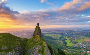 Dramatic Sky Gallery: Panoramic of Le Pouce mountain and Pieter Both towards the Indian Ocean sunset, aerial
