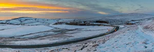 Panoramic view of frozen landscape near Macclesfield at sunset, High Peak, Cheshire Panoramic view of frozen landscape near Macclesfield at sunset, High Peak, Cheshire