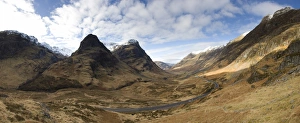 Panoramic view of Glencoe showing The Three Sisters of Glencoe mountains