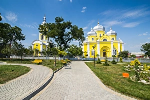Park before the Russian Orthodox Church building in the center of Comrat capitol of Park before the Russian Orthodox Church building in the center of Comrat capitol of