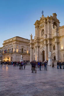Roman Catholic Gallery: People enjoying passeggiata in Piazza Duomo on the tiny island of Ortygia, UNESCO