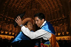 Peruvian dancing outside Notre Dame de Paris cathedral, Paris, France, Europe Peruvian dancing outside Notre Dame de Paris cathedral, Paris, France, Europe