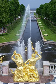 Peterhof Fountains of the Grand Cascade and gardens in summer, Petrodvorets, St Peterhof Fountains of the Grand Cascade and gardens in summer, Petrodvorets, St