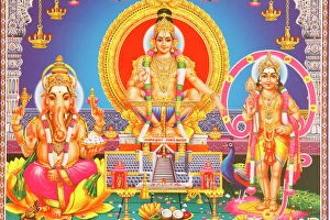 Mythology Collection: Picture of Hindu gods Ganesh, Ayappa and Subramania, India, Asia