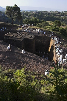 Pilgrims wearing traditional gabi (white shawls) at festival at the rock hewn monolithic Pilgrims wearing traditional gabi (white shawls) at festival at the rock hewn monolithic