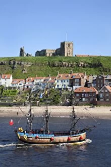 Images Dated 14th June 2012: Pleasure ship below Whitby Abbey and St. Marys Church, Whitby, North Yorkshire, Yorkshire