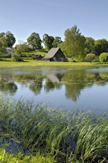 Prints of Ponds and traditional buildings, Turaida Museum Reserve, near Sigulda, Latvia, Baltic States, Europe Latvia Prints: Latvian Ponds and Traditional Buildings Print