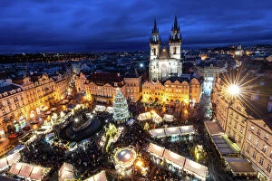 Nighttime Gallery: Pragues Old Town Square Christmas Market viewed from the Astronomical Clock during