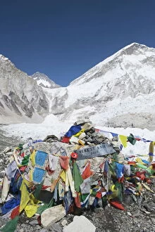 Winter Collection: Prayer flags at the Everest Base Camp sign, Solu Khumbu Everest Region