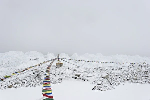 A puja adorned with prayer flags on the Khumbu glacier at Everest Base Camp, Khumbu Region A puja adorned with prayer flags on the Khumbu glacier at Everest Base Camp, Khumbu Region