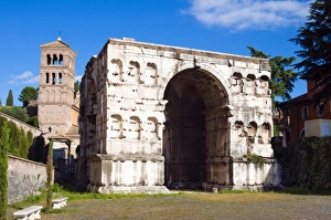Quadrifrons triumphal arch of Janus, Belltower of San Giorgio in Velabros church Quadrifrons triumphal arch of Janus, Belltower of San Giorgio in Velabros church